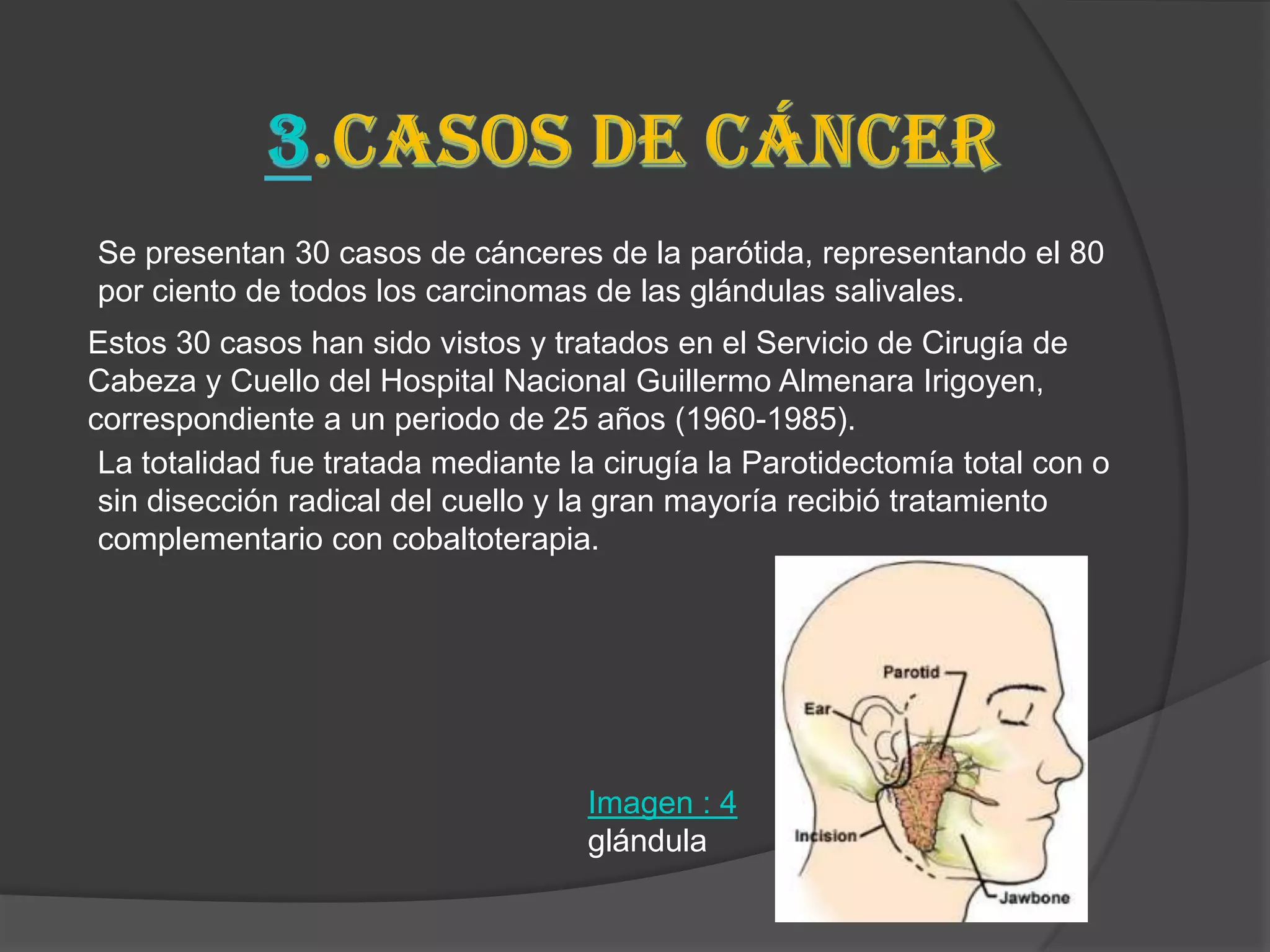 Se presentan 30 casos de cánceres de la parótida, representando el 80
por ciento de todos los carcinomas de las glándulas salivales.
Estos 30 casos han sido vistos y tratados en el Servicio de Cirugía de
Cabeza y Cuello del Hospital Nacional Guillermo Almenara Irigoyen,
correspondiente a un periodo de 25 años (1960-1985).
 La totalidad fue tratada mediante la cirugía la Parotidectomía total con o
 sin disección radical del cuello y la gran mayoría recibió tratamiento
 complementario con cobaltoterapia.




                                    Imagen : 4
                                    glándula
 