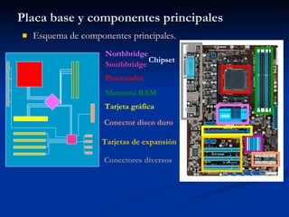 Placa base y componentes principales Esquema de componentes principales. Procesador Memoria RAM Tarjeta gráfica Conector disco duro Tarjetas de expansión Conectores diversos Northbridge Southbridge Chipset 