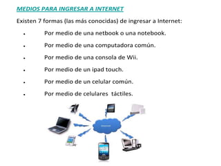 MEDIOS PARA INGRESAR A INTERNET
Existen 7 formas (las más conocidas) de ingresar a Internet:
          Por medio de una netbook o una notebook.
          Por medio de una computadora común.
          Por medio de una consola de Wii.
          Por medio de un ipad touch.
          Por medio de un celular común.
          Por medio de celulares táctiles.
 