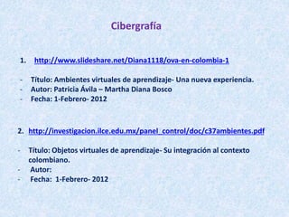 Cibergrafía
1. http://www.slideshare.net/Diana1118/ova-en-colombia-1
- Título: Ambientes virtuales de aprendizaje- Una nueva experiencia.
- Autor: Patricia Ávila – Martha Diana Bosco
- Fecha: 1-Febrero- 2012
2. http://investigacion.ilce.edu.mx/panel_control/doc/c37ambientes.pdf
- Título: Objetos virtuales de aprendizaje- Su integración al contexto
colombiano.
- Autor:
- Fecha: 1-Febrero- 2012