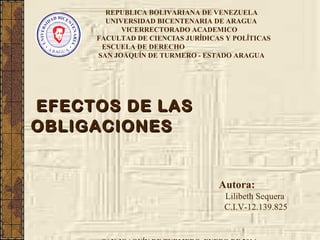 REPUBLICA BOLIVARIANA DE VENEZUELA
UNIVERSIDAD BICENTENARIA DE ARAGUA
VICERRECTORADO ACADEMICO
FACULTAD DE CIENCIAS JURÍDICAS Y POLÍTICAS
ESCUELA DE DERECHO
SAN JOAQUÍN DE TURMERO - ESTADO ARAGUA

EFECTOS DE LAS
OBLIGACIONES

Autora:
Lilibeth Sequera
C.I.V-12.139.825

 