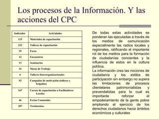 Los procesos de la Información. Y las acciones del CPC De todas estas actividades se ponderan las ejecutadas a través de los medios de comunicación especialmente las radios locales y regionales, ratificando el importante rol de los medios para la formación de ciudadanías concientes y la influencia de estos en la cultura política.  La información crea las nociones de ciudadanía y los estilos de participación sin embargo no supera las limitaciones de procesos clientelares patrimonialistas y prevendalistas para lo cual es importante reforzar el empoderamiento de la gente pobre ampliando el ejercicio de los derechos ciudadanos hacia ámbitos económicos y culturales Testimonios. 207 Ferias Comunales 46 Cursos de capacitación a Facilitadores Locales 167 Campañas de motivación (talleres y brigadas) 92 Talleres Interorganizacionales 6 Mesas de Trabajo 16 Seminarios 13 Encuentros 12 Foros 39 Talleres de capacitación 222 Materiales de capacitación 115 Actividades Indicador  