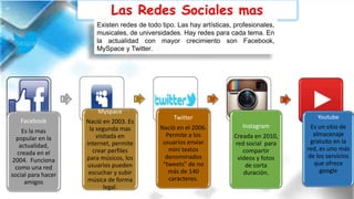 Las Redes Sociales mas
Conocidas
Facebook
Es la mas
popular en la
actualidad,
creada en el
2004. Funciona
como una red
social para hacer
amigos
Myspace
Nació en 2003. Es
la segunda mas
visitada en
internet, permite
crear perfiles
para músicos, los
usuarios pueden
escuchar y subir
música de forma
legal.
Twitter
Nació en el 2006.
Permite a los
usuarios enviar
mini textos
denominados
“tweets” de no
más de 140
caracteres.
Instagram
Creada en 2010,
red social para
compartir
videos y fotos
de corta
duración.
Youtube
Es un sitio de
almacenaje
gratuito en la
red, es uno más
de los servicios
que ofrece
google
Existen redes de todo tipo. Las hay artísticas, profesionales,
musicales, de universidades. Hay redes para cada tema. En
la actualidad con mayor crecimiento son Facebook,
MySpace y Twitter.
 