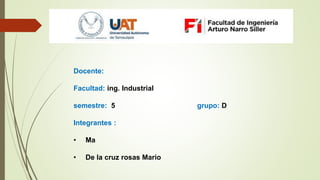 Docente:
Facultad: ing. Industrial
semestre: 5 grupo: D
Integrantes :
• Ma
• De la cruz rosas Mario
 