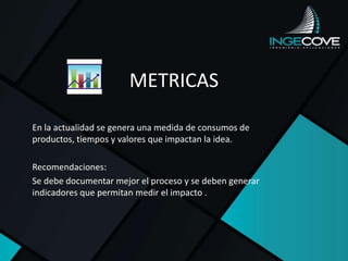 METRICAS
En la actualidad se genera una medida de consumos de
productos, tiempos y valores que impactan la idea.
Recomendaciones:
Se debe documentar mejor el proceso y se deben generar
indicadores que permitan medir el impacto .
 