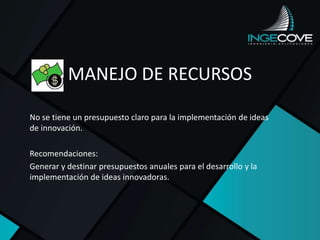 MANEJO DE RECURSOS
No se tiene un presupuesto claro para la implementación de ideas
de innovación.
Recomendaciones:
Generar y destinar presupuestos anuales para el desarrollo y la
implementación de ideas innovadoras.
 