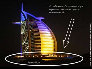 Acondicionar el terreno para que soporte las estructuras que se van a construirINGENIERIA CIVILFoto: Burj Al Arab (El hotel mas lujoso del mundo)Isla Artificial