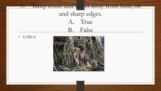 3. Keep cords and hoses away from heat, oil
and sharp edges.
A. True
B. False
• A:TRUE
 