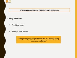 – Being optimistic

Providing hope

Realistic time frames
DOMAIN IX - OFFERING OPTIONS AND OPTIMISM
“Things are going to get better, this is a passing thing,
we are sure of that."
 