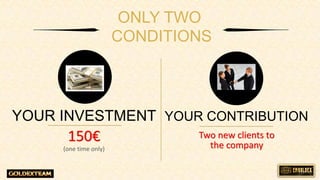 ONLY TWO
CONDITIONS
YOUR INVESTMENT YOUR CONTRIBUTION
150
(one time only)
Two new clients to
the company
 