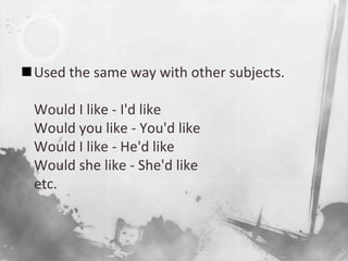 Used the same way with other subjects.Would I like - I'd likeWould you like - You'd likeWould I like - He'd likeWould she like - She'd likeetc.