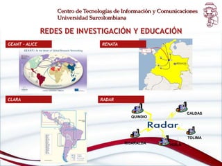 CALDASQUINDIOTOLIMARISARALDAHUILACentro de Tecnologías de Información y ComunicacionesUniversidad SurcolombianaREDES DE INVESTIGACIÓN Y EDUCACIÓNGEANT - ALICERENATACLARARADAR
