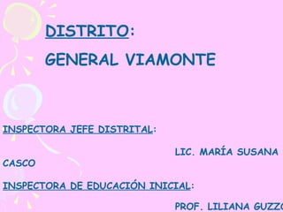 DISTRITO : GENERAL VIAMONTE INSPECTORA JEFE DISTRITAL :  LIC. MARÍA SUSANA CASCO INSPECTORA DE EDUCACIÓN INICIAL :   PROF. LILIANA GUZZO 