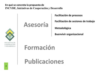 Asesoría
Facilitación de procesos
Facilitación de sesiones de trabajo
Metodológica
Buenvivir organizacional
Formación
Publ...