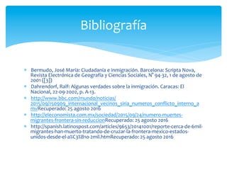 *  Bermudo,	
  José	
  María:	
  Ciudadanía	
  e	
  inmigración.	
  Barcelona:	
  Scripta	
  Nova,	
  
Revista	
  Electrónica	
  de	
  Geografía	
  y	
  Ciencias	
  Sociales,	
  N°	
  94-­‐32,	
  1	
  de	
  agosto	
  de	
  
2001	
  ([3])	
  
*  Dahrendorf,	
  Ralf:	
  Algunas	
  verdades	
  sobre	
  la	
  inmigración.	
  Caracas:	
  El	
  
Nacional,	
  22-­‐09-­‐2002,	
  p.	
  A-­‐13.	
  
*  http://www.bbc.com/mundo/noticias/
2015/09/150909_internacional_vecinos_siria_numeros_conﬂicto_interno_a
mvRecuperado:	
  25	
  agosto	
  2016	
  
*  http://eleconomista.com.mx/sociedad/2015/09/24/numero-­‐muertes-­‐
migrantes-­‐frontera-­‐sin-­‐reduccionRecuperado:	
  25	
  agosto	
  2016	
  
*  http://spanish.latinospost.com/articles/9653/20141001/reporte-­‐cerca-­‐de-­‐6mil-­‐
migrantes-­‐han-­‐muerto-­‐tratando-­‐de-­‐cruzar-­‐la-­‐frontera-­‐mexico-­‐estados-­‐
unidos-­‐desde-­‐el-­‐a%C3%B1o-­‐2mil.htmRecuperado:	
  25	
  agosto	
  2016	
  
Bibliografía	
  
 