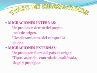 TIPOS DE MIGRACIONESMIGRACIONES INTERNAS:       *Se producen dentro del propio             país de origen.          *Desplazamientos del campo a la          ciudadMIGRACIONES EXTERNAS:       *Se producen fuera del país de origen       *Tipos: asistida , controlada, cualificada,        ilegal y protegida.