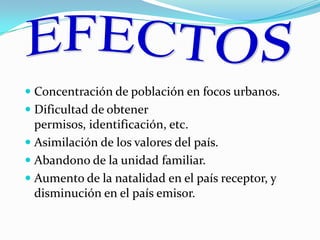 EFECTOSConcentración de población en focos urbanos.Dificultad de obtener permisos, identificación, etc.Asimilación de los valores del país.Abandono de la unidad familiar.Aumento de la natalidad en el país receptor, y disminución en el país emisor. 