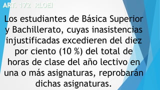 Los estudiantes de Básica Superior
y Bachillerato, cuyas inasistencias
injustificadas excedieren del diez
por ciento (10 %) del total de
horas de clase del año lectivo en
una o más asignaturas, reprobarán
dichas asignaturas.
 