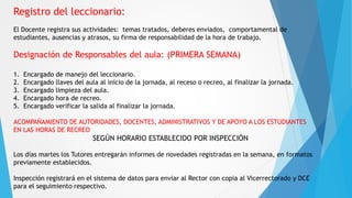 Registro del leccionario:
El Docente registra sus actividades: temas tratados, deberes enviados, comportamental de
estudiantes, ausencias y atrasos, su firma de responsabilidad de la hora de trabajo.
Designación de Responsables del aula: (PRIMERA SEMANA)
1. Encargado de manejo del leccionario.
2. Encargado llaves del aula al inicio de la jornada, al receso o recreo, al finalizar la jornada.
3. Encargado limpieza del aula.
4. Encargado hora de recreo.
5. Encargado verificar la salida al finalizar la jornada.
ACOMPAÑAMIENTO DE AUTORIDADES, DOCENTES, ADMINISTRATIVOS Y DE APOYO A LOS ESTUDIANTES
EN LAS HORAS DE RECREO
SEGÚN HORARIO ESTABLECIDO POR INSPECCIÓN
Los días martes los Tutores entregarán informes de novedades registradas en la semana, en formatos
previamente establecidos.
Inspección registrará en el sistema de datos para enviar al Rector con copia al Vicerrectorado y DCE
para el seguimiento respectivo.
 