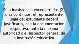 Si la inasistencia excediere dos (2)
días continuos, el representante
legal del estudiante deberá
justificarla, con la documentación
respectiva, ante la máxima
autoridad o el Inspector general de
la institución educativa.
 