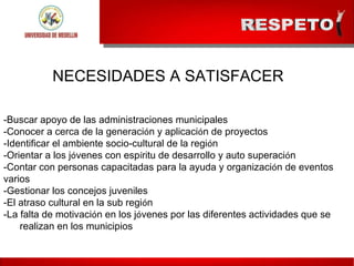 NECESIDADES A SATISFACER -Buscar apoyo de las administraciones municipales -Conocer a cerca de la generaci ó n y aplicaci ó n de proyectos -Identificar el ambiente socio-cultural de la regi ó n -Orientar a los j ó venes con esp í ritu de desarrollo y auto superaci ó n -Contar con personas capacitadas para la ayuda y organizaci ó n de eventos varios -Gestionar los concejos juveniles -El atraso cultural en la sub regi ó n -La falta de motivaci ó n en los j ó venes por las diferentes actividades que se  realizan en los municipios 