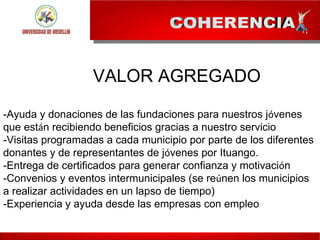 -Ayuda y donaciones de las fundaciones para nuestros j ó venes que est á n recibiendo beneficios gracias a nuestro servicio -Visitas programadas a cada municipio por parte de los diferentes donantes y de representantes de j ó venes por Ituango. -Entrega de certificados para generar confianza y motivaci ó n -Convenios y eventos intermunicipales (se re ú nen los municipios a realizar actividades en un lapso de tiempo) -Experiencia y ayuda desde las empresas con empleo VALOR AGREGADO 