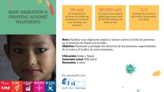 Reto: Facilitar una migración segura y luchar contra la trata de personas
en la frontera de Nepal con la India.
Objetivo: Promover y proteger los derechos de las personas supervivientes
de la trata y el trafico de seres humanos.
Ubicación: India y Nepal
Inversión total: 600 mil €
Duración: 5 años
20 mill.
de personas son
víctimas de tráfico de
personas un tercio de
esas víctimas son
menores
30.000 mill.
La trata es un negocio
global que mueve más
de 30.000 millones de
euros al año
2/3
Victimas de la trata y
del tráfico de personas
son niñas.
SAFE MIGRATION &
FIGHTING AGAINST
TRAFFIKING
En asociación con:
 