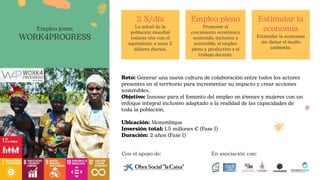 Reto: Generar una nueva cultura de colaboración entre todos los actores
presentes en el territorio para incrementar su impacto y crear acciones
sostenibles.
Objetivo: Innovar para el fomento del empleo en jóvenes y mujeres con un
enfoque integral inclusivo adaptado a la realidad de las capacidades de
toda la población.
Ubicación: Mozambique
Inversión total: 1.5 millones € (Fase 1)
Duración: 2 años (Fase 1)
Con el apoyo de:
2 $/día
La mitad de la
población mundial
todavía vive con el
equivalente a unos 2
dólares diarios.
Empleo pleno
Promover el
crecimiento económico
sostenido, inclusivo y
sostenible, el empleo
pleno y productivo y el
trabajo decente.
Estimular la
economía
Estimular la economía
sin dañar el medio
ambiente.
Empleo joven
WORK4PROGRESS
En asociación con:
 