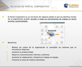 SOLUCION DE PORTAL CORPORATIVO El Portal Corporativo es un escritorio de negocios desde el que los distintos niveles de la organización pueden  acceder a todas sus herramientas de trabajo en forma sencilla y personalizada.  Beneficios: Reduce los costos de la organización al consolidar los sistemas que se encuentran dispersos. Aumenta la productividad. Mejora la comunicaciones internas y externas. Aumenta la colaboración y fomenta el trabajo en equipo. Favorece la toma de mejores decisiones. 