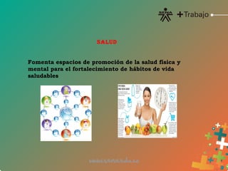 Fomenta espacios de promoción de la salud física y
mental para el fortalecimiento de hábitos de vida
saludables
SALUD
 