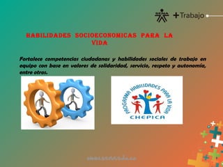 HABILIDADES SOCIOECONOMICAS PARA LA
VIDA
Fortalece competencias ciudadanas y habilidades sociales de trabajo en
equipo con base en valores de solidaridad, servicio, respeto y autonomía,
entre otros.
 