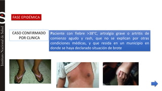 CASO CONFIRMADO 
POR CLINICA 
Paciente con fiebre >38°C, artralgia grave o artritis de 
comienzo agudo y rash, que no se explican por otras 
condiciones médicas, y que resida en un municipio en 
donde se haya declarado situación de brote 
FASE EPIDÉMICA 
 