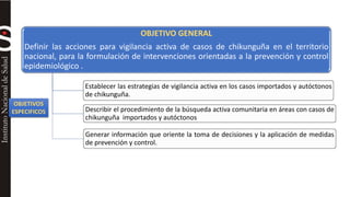 OBJETIVO GENERAL 
Definir las acciones para vigilancia activa de casos de chikunguña en el territorio 
nacional, para la formulación de intervenciones orientadas a la prevención y control 
epidemiológico . 
Establecer las estrategias de vigilancia activa en los casos importados y autóctonos 
de chikunguña. 
Describir el procedimiento de la búsqueda activa comunitaria en áreas con casos de 
chikunguña importados y autóctonos 
Generar información que oriente la toma de decisiones y la aplicación de medidas 
de prevención y control. 
OBJETIVOS 
ESPECIFICOS 
 