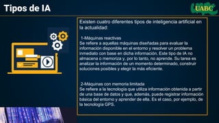 Tipos de IA
Existen cuatro diferentes tipos de inteligencia artificial en
la actualidad:
1-Máquinas reactivas
Se refiere a aquellas máquinas diseñadas para evaluar la
información disponible en el entorno y resolver un problema
inmediato con base en dicha información. Este tipo de IA no
almacena o memoriza y, por lo tanto, no aprende. Su tarea es
analizar la información de un momento determinado, construir
soluciones posibles y elegir la más eficiente.
2-Máquinas con memoria limitada
Se refiere a la tecnología que utiliza información obtenida a partir
de una base de datos y que, además, puede registrar información
básica del entorno y aprender de ella. Es el caso, por ejemplo, de
la tecnología GPS.
 