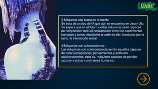 3-Máquinas con teoría de la mente
Se trata de un tipo de IA que aún se encuentra en desarrollo.
Se espera que en el futuro ciertas máquinas sean capaces
de comprender tanto el pensamiento como los sentimientos
humanos y tomar decisiones a partir de ello. Involucra, por lo
tanto, la interacción social
4-Máquinas con autoconciencia
Las máquinas con autoconciencia serían aquellas capaces
de tener percepciones, pensamientos y actitudes
autoconscientes, esto es, máquinas capaces de percibir,
razonar y actuar como seres humanos.
 