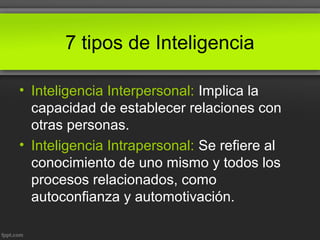 7 tipos de Inteligencia
• Inteligencia Interpersonal: Implica la
capacidad de establecer relaciones con
otras personas.
• Inteligencia Intrapersonal: Se refiere al
conocimiento de uno mismo y todos los
procesos relacionados, como
autoconfianza y automotivación.
 