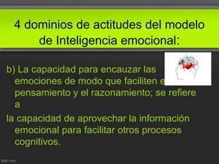 4 dominios de actitudes del modelo
de Inteligencia emocional:
b) La capacidad para encauzar las
emociones de modo que faciliten el
pensamiento y el razonamiento; se refiere
a
la capacidad de aprovechar la información
emocional para facilitar otros procesos
cognitivos.
 