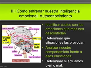 III. Como entrenar nuestra inteligencia
emocional: Autoconocimiento
• Idenificar cuales son las
emociones que mas nos
descontrolan
• Determinar que
situaciones las provocan
• Analizar nuestro
comportamieto frente a
esas emociones.
• Determinar si actuamos
bien o mal.
 