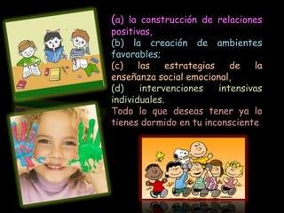 (a) la construcción de relaciones
positivas,
(b) la creación de ambientes
favorables;
(c)    las    estrategias    de   la
enseñanza social emocional,
(d)     intervenciones    intensivas
individuales.
Todo lo que deseas tener ya lo
tienes dormido en tu inconsciente
 