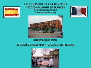 I.E.S DOMINGO VALDIVIESO SECCIÓN BILINGÜE DE FRANCÉS C/ANTONIO MACHADO MAZARRÓN (MURCIA) INTERCAMBIO CON EL COLLÈGE JULES FERRY (CAZOULS-LES-BÉZIERS)