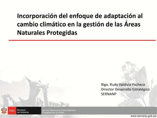 Incorporación del enfoque de adaptación al
cambio climático en la gestión de las Áreas
Naturales Protegidas




                            Blgo. Rudy Valdivia Pacheco
                            Director Desarrollo Estratégico
                            SERNANP
 