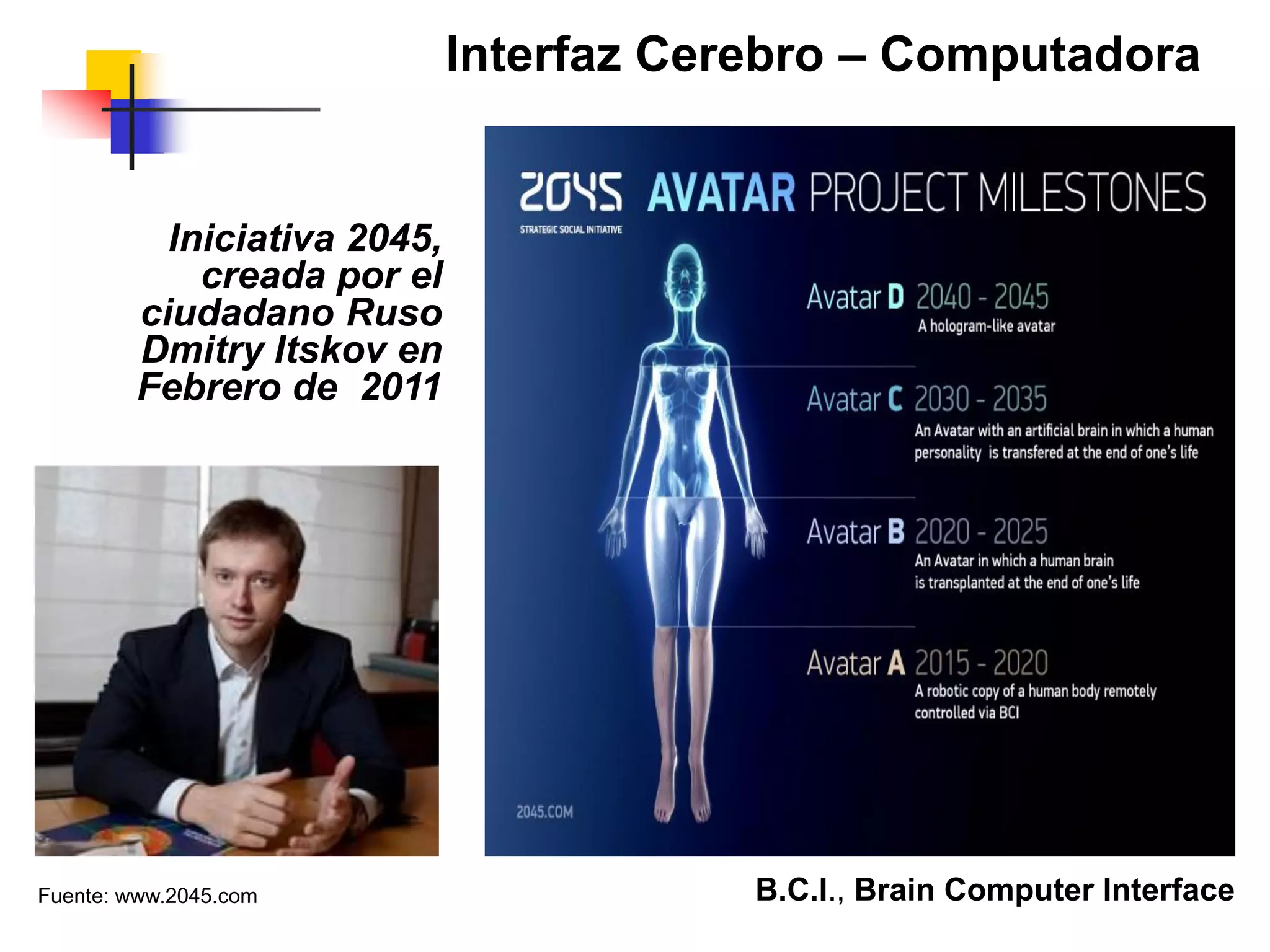 Interfaz Cerebro – Computadora
B.C.I., Brain Computer Interface
Iniciativa 2045,
creada por el
ciudadano Ruso
Dmitry Itskov en
Febrero de 2011
Fuente: www.2045.com
 