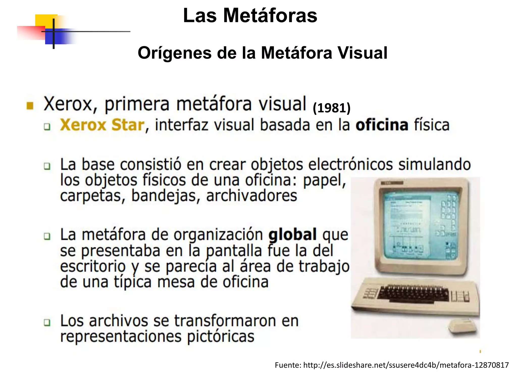 Orígenes de la Metáfora Visual
(1981)
Las Metáforas
Fuente: http://es.slideshare.net/ssusere4dc4b/metafora-12870817
 