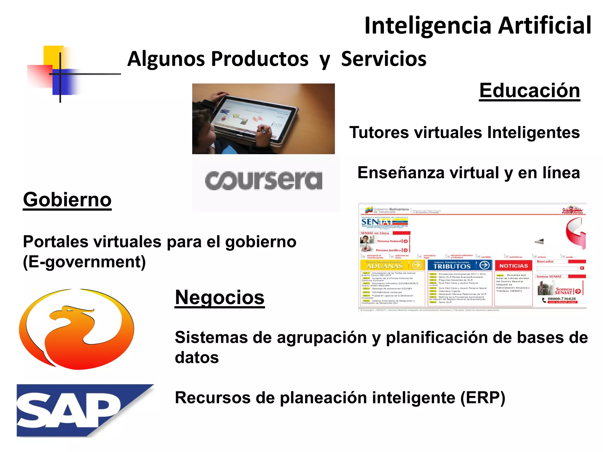 Inteligencia Artificial
Algunos Productos y Servicios
Negocios
Sistemas de agrupación y planificación de bases de
datos
Recursos de planeación inteligente (ERP)
Educación
Tutores virtuales Inteligentes
Enseñanza virtual y en línea
Gobierno
Portales virtuales para el gobierno
(E-government)
 