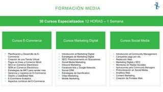 FORMACIÓN MEDIA
Cursos E-Commerce
•  Planificación y Desarrollo de E-
Commerce.
•  Creación de una Tienda Virtual.
•  Pagos en línea y Comercio Móvil.
•  SEO en Comercio Electrónico.
•  SEM en Comercio Electrónico.
•  Estrategias de MKT para vender más.
•  Gerencia y Logística en E-Commerce.
•  Diseño y Usabilidad Web.
•  E-Commerce Analytics.
•  Aspectos Jurídicos del E-Commerce.
30 Cursos Especializados 12 HORAS – 1 Semana
Cursos Marketing Digital
•  Introducción al Marketing Digital.
•  Estrategias de Marketing Digital.
•  SEO: Posicionamiento en Buscadores.
•  Social Media Marketing.
•  Inbound Marketing.
•  Facebook Ads y Google Adwords.
•  Social CRM.
•  Estrategias de Gamification.
•  Video Marketing.
•  Mobile Marketing.
Cursos Social Media
•  Introducción al Community Management.
•  Campañas pago por clic.
•  Redacción Web.
•  Marketing Digital y SEO.
•  Monitoreo en Redes Sociales.
•  Aplicaciones para Community Managers.
•  Profundización en Social Media.
•  Analítica Web.
•  Content Marketing.
•  Creación de Portales Web.
 