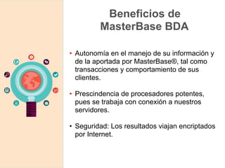 Beneficios de
MasterBase BDA
• Autonomía en el manejo de su información y
de la aportada por MasterBase®, tal como
transacciones y comportamiento de sus
clientes.
• Prescindencia de procesadores potentes,
pues se trabaja con conexión a nuestros
servidores.
• Seguridad: Los resultados viajan encriptados
por Internet.
 