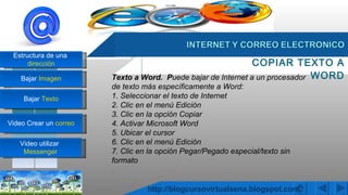 COPIAR TEXTO A WORD 03/04/2011 http://blogcursovirtualsena.blogspot.com Texto a Word.  P uede bajar de Internet a un procesador de texto más específicamente a Word: 1. Seleccionar el texto de Internet 2. Clic en el menú Edición 3. Clic en la opción Copiar 4. Activar Microsoft Word 5. Ubicar el cursor 6. Clic en el menú Edición 7. Clic en la opción Pegar/Pegado especial/texto sin formato .  
