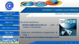 Servicios  I  Correo electrónico Mi correo electrónico: [email_address]   para sus dudas e inquietudes. Envié sus  comentarios o sugerencias  al blog  http://blogcursovirtualsena.blogspot.com     03/04/2011 http://blogcursovirtualsena.blogspot.com 