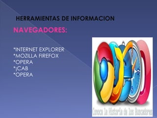 NAVEGADORES:
HERRAMIENTAS DE INFORMACION
*INTERNET EXPLORER
*MOZILLA FIREFOX
*OPERA
*¡CAB
*OPERA
 