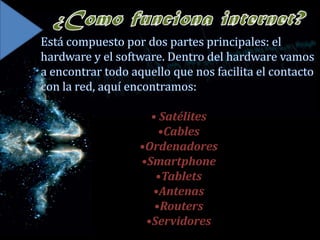 • Satélites
•Cables
•Ordenadores
•Smartphone
•Tablets
•Antenas
•Routers
•Servidores

 